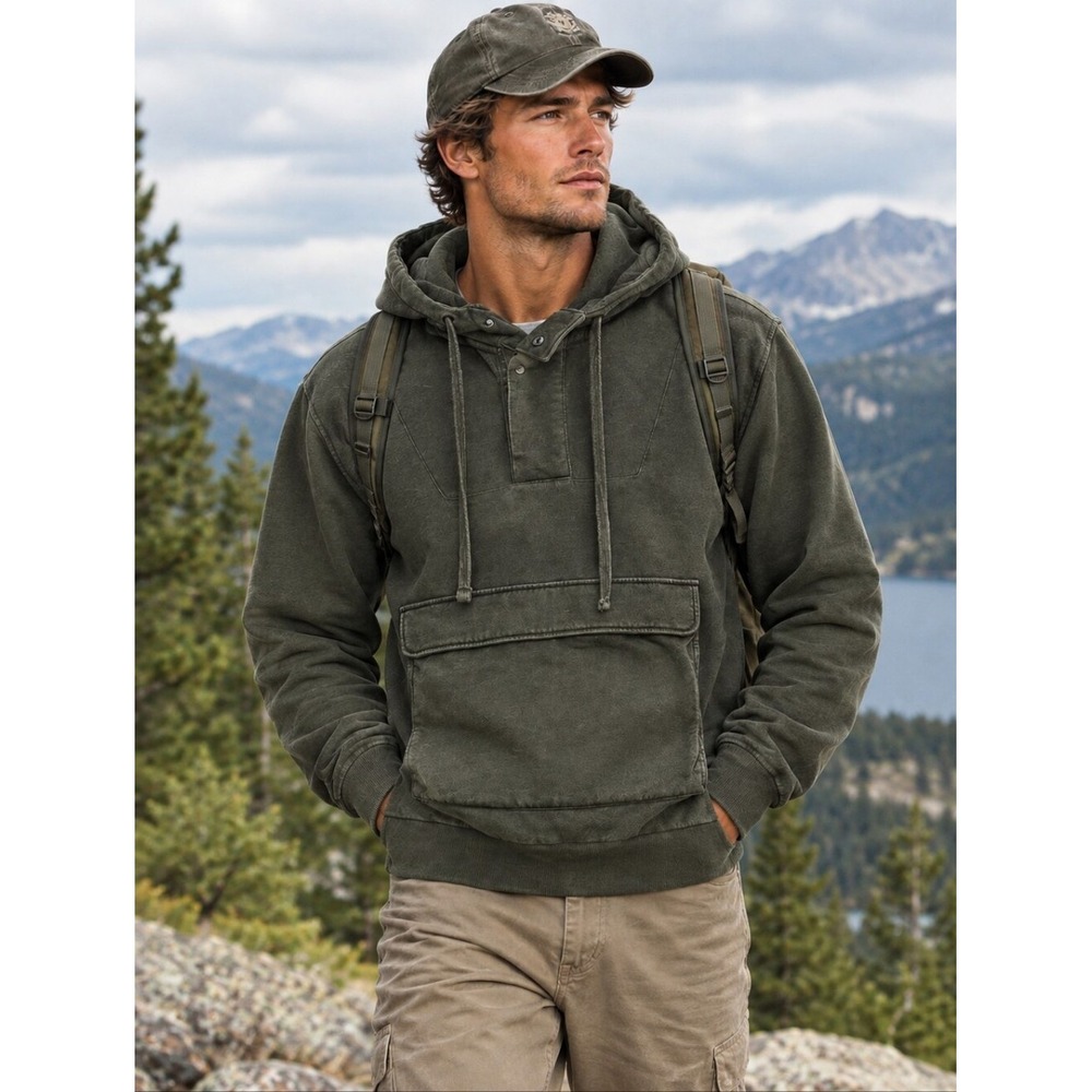 Tentree Men's Army Green Snap Front Pullover Hooded Sweatshirt Small Sustainable